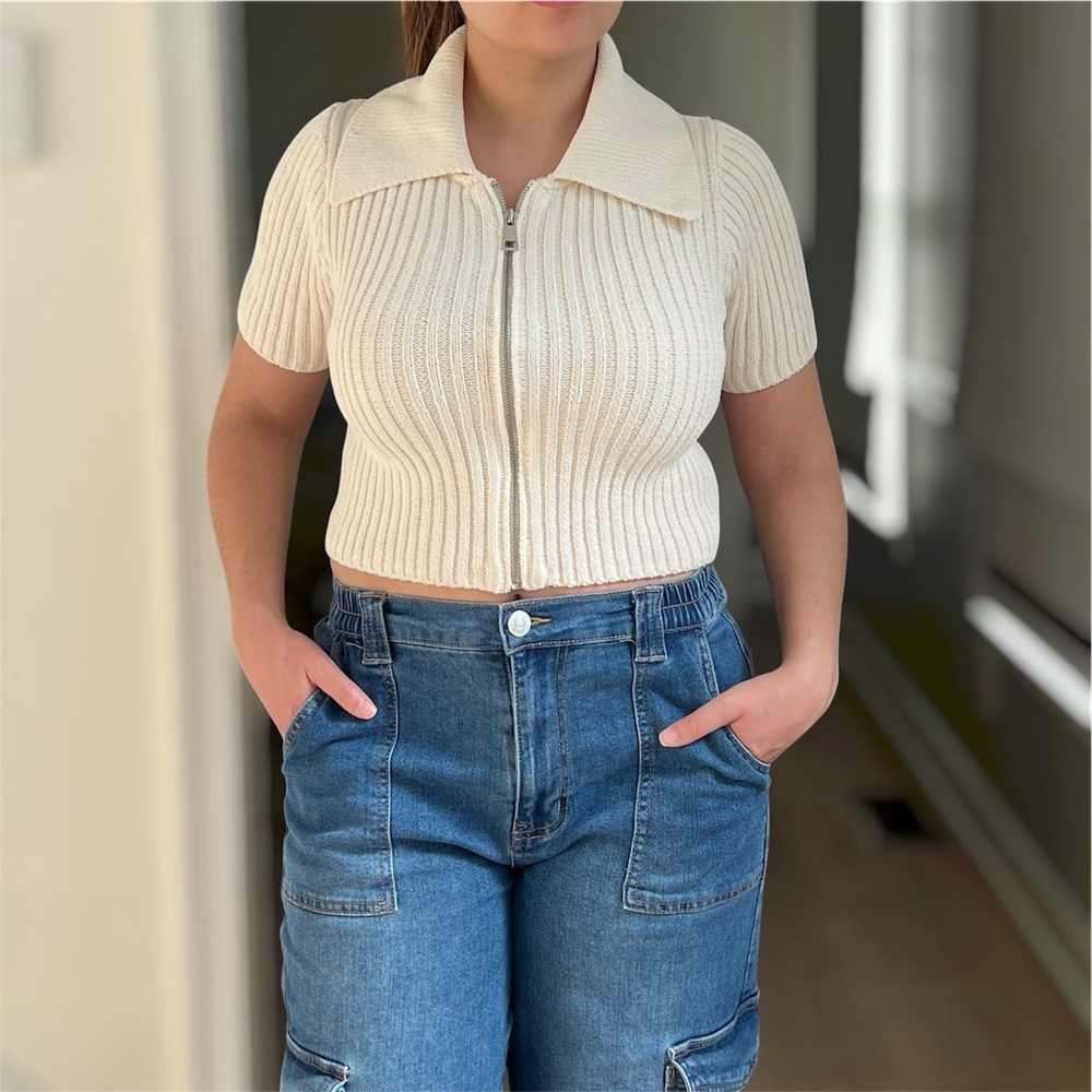 NEW Zara Chenille Zip-Up Short Sleeve Cropped Sweater M Cream